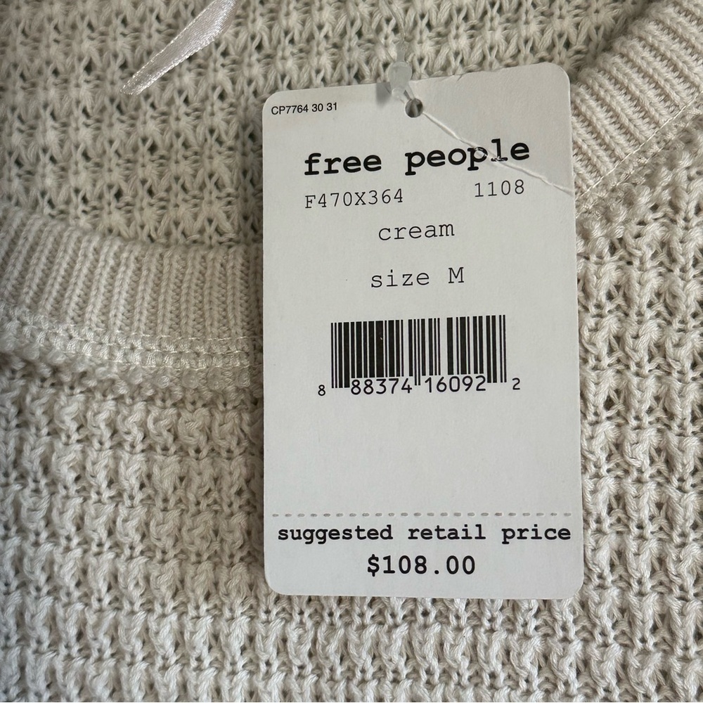Free People Cold Shoulder Sweater 100% Cotton Cream Waffle Knit, NWT, Size M - Picture 3 of 4